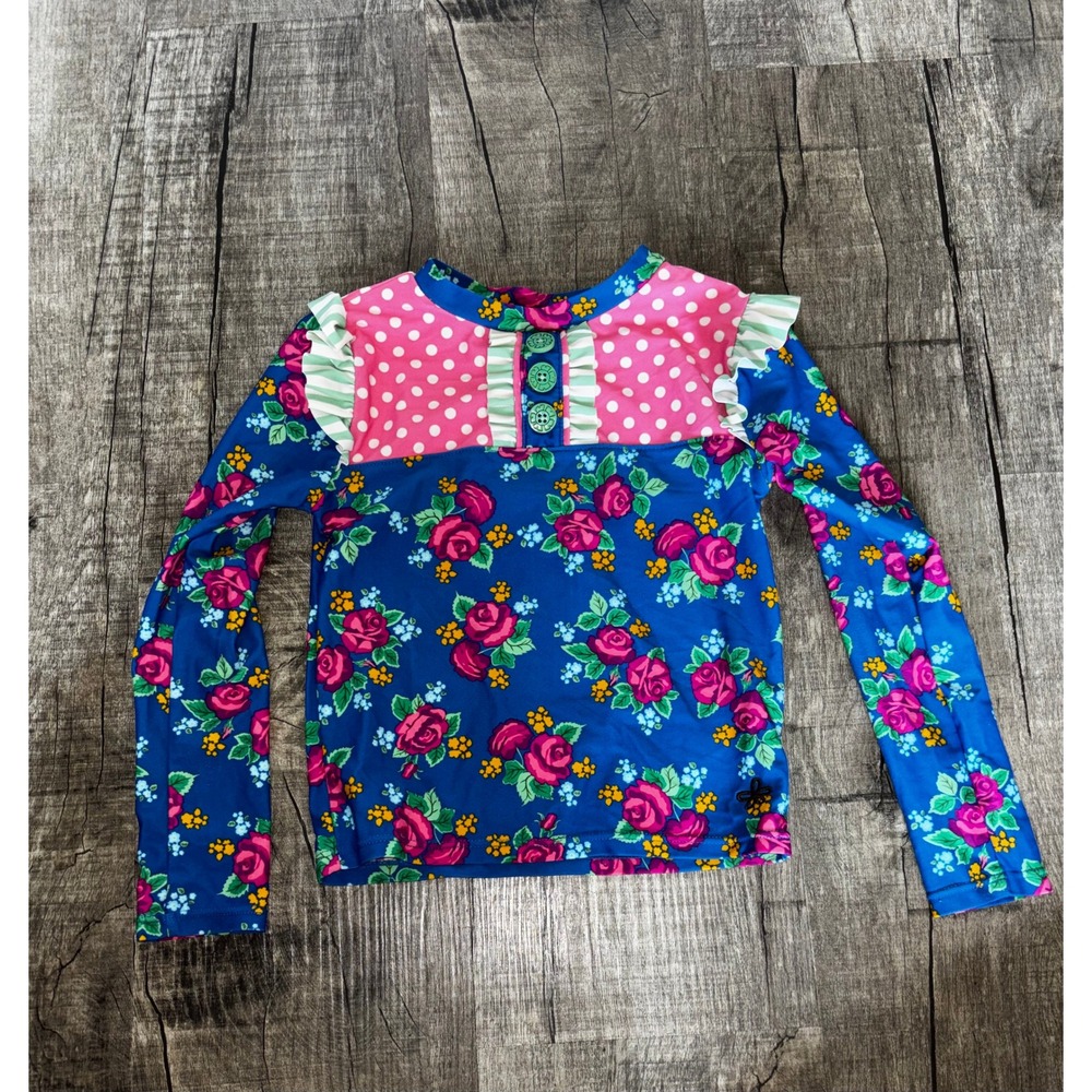 Matilda Jane Girls Floral Polka Dot Rash Guard Swim Top Blue Pink Size 4